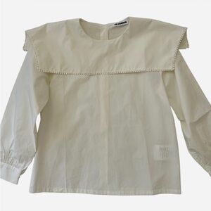 Jil Sander Cream/White Long Cotton Smock Sleeve Blouse with Embroidered Trim